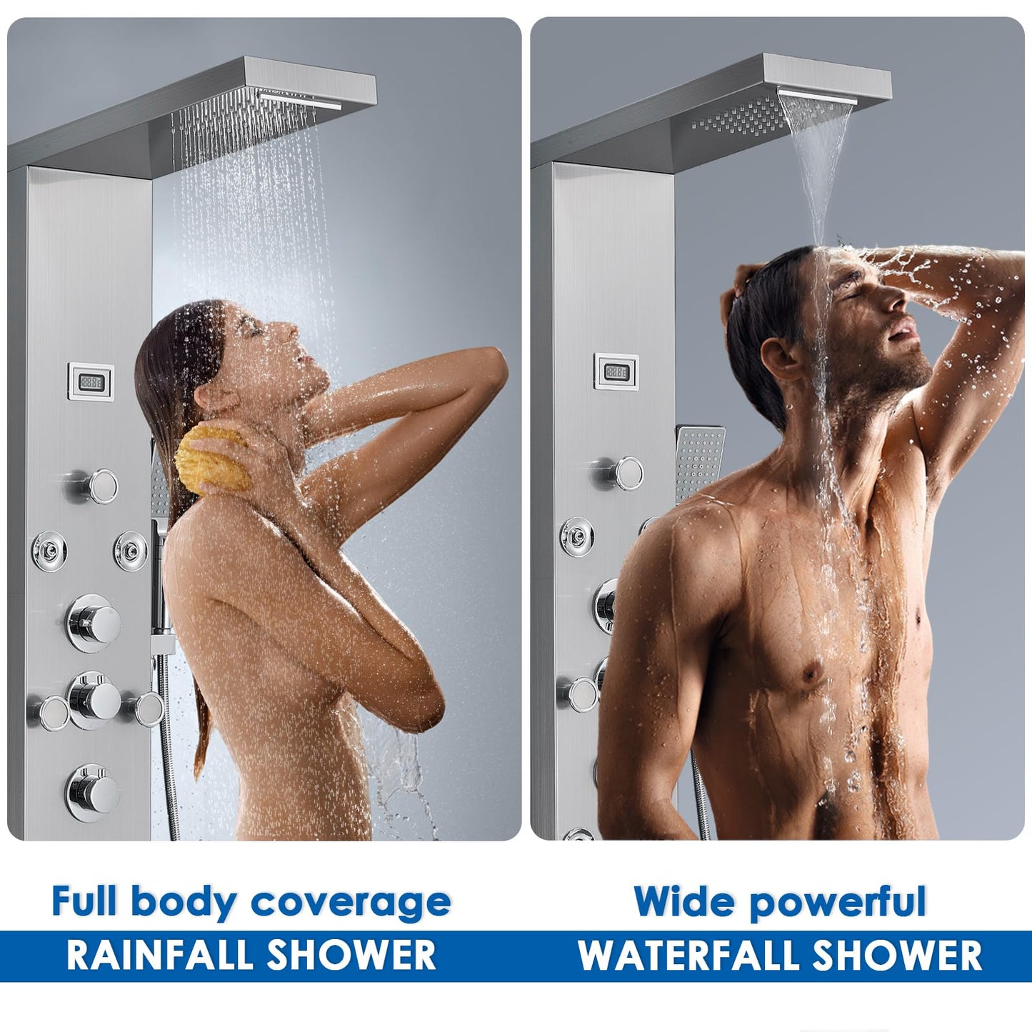 ROVOGO Shower Panel with 4 Body Jets and 4 Mist Spray, Rainfall Waterfall Shower Column Tower with Handheld, Tub Spout and Water Temperature Display, Stainless Steel Brushed