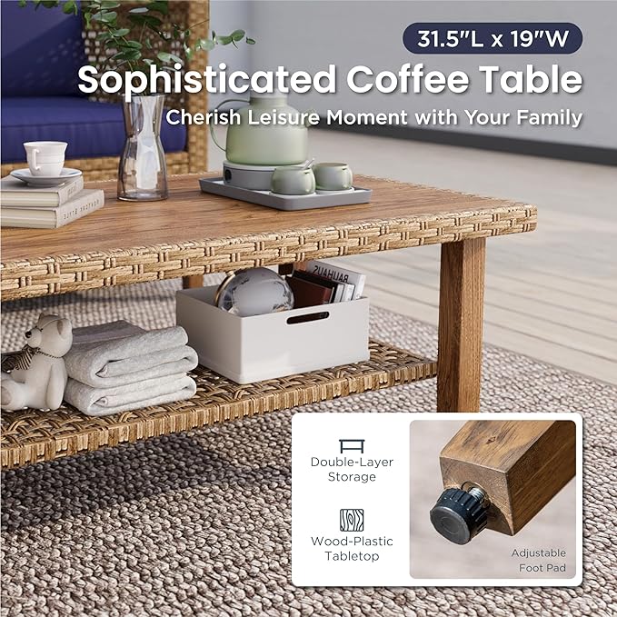 PHI VILLA Sectional Outdoor Couch, Small Patio Furniture Set with Cushions and Acacia Wood Coffee Table, L-Shaped Wicker Outdoor Sofa for Deck or Porch, 4 Seats, Navy Blue
