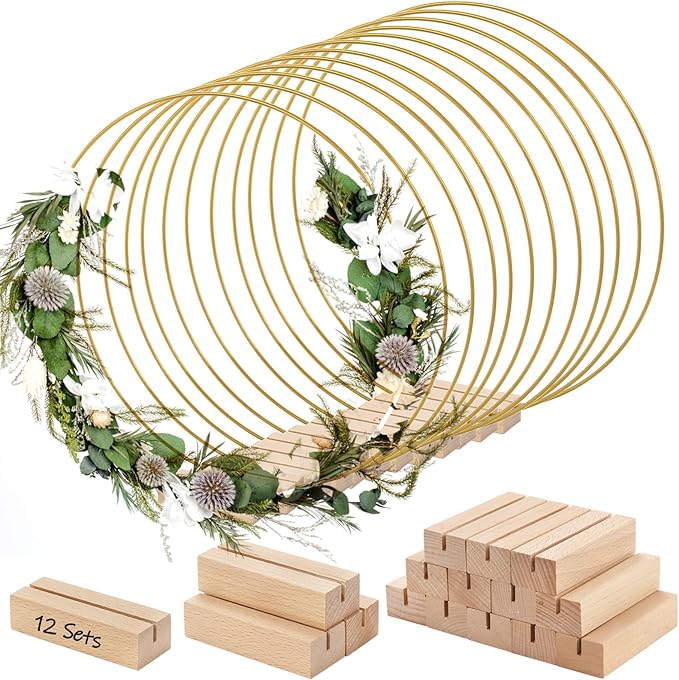 ZOOFOX 12 Pack Metal Floral Hoop Centerpiece with Stand, 12 Inch Large Metal Hoop for Crafts, Wreath Macrame Gold Hoop Rin...
