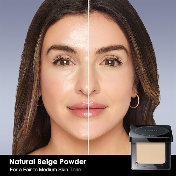 CARSLAN 1.0 Waterproof Face Pressed Powder Compact, 24H Longlasting Oil Control Pressed Setting Powder Talc-Free Makeup, Shine Free, Poreless, Smooth, 01 Natural Beige for dry&com skin (0.28Oz)