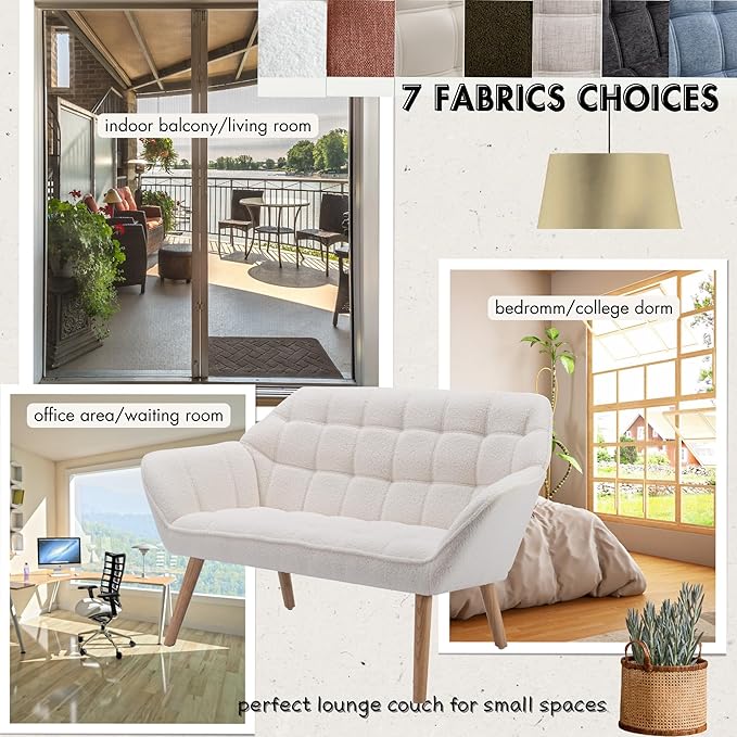 Hyfirm Small Loveseat Sofa, 48 inch Love Seat for Living Room Comfy Sherpa Mini Couch with Wood Legs for Small Spaces Bedroom Apartment Office, White