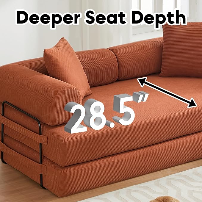 ZEIINPA Convertible Sleeper Sofa Bed with Cylindrical Pillow, Corduroy Folding Mattress Couch with Fixed-Shape Frame, Floor Sofa Lounge Couch for Living Room Bedroom Lounge Studio, Orange