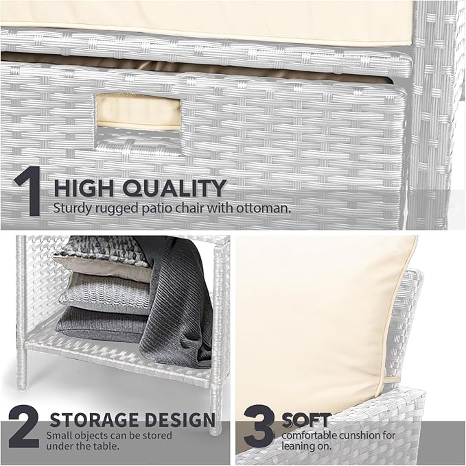 LEVELEVE Balcony Furniture 5 Piece Patio Conversation Set, PE Wicker Rattan Outdoor Lounge Chairs with Soft Cushions 2 Ottoman&Glass Table for Porch