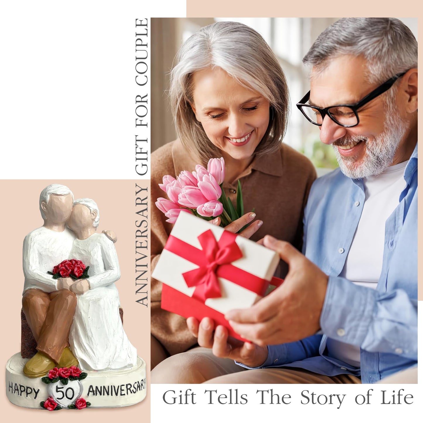 Bozspacer 50th Wedding Anniversary Couple Gifts - Loving Elderly Couple Figurines, Hand-Painted Resin Statue for Parents, Grandparents, Old Couple or 50th Marriage Anniversary, 5.9 Inch Tabletop Decor
