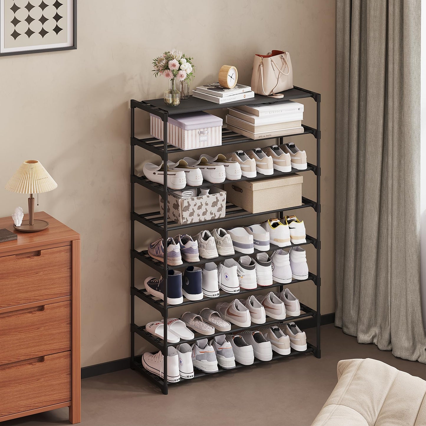 Calmootey 8-Tier Shoe Rack, Tall Large Capacity 40 Pairs Shoes Storage Organizer, Stackable Wide Shoe Shelf for Entryway, Hallway, Black