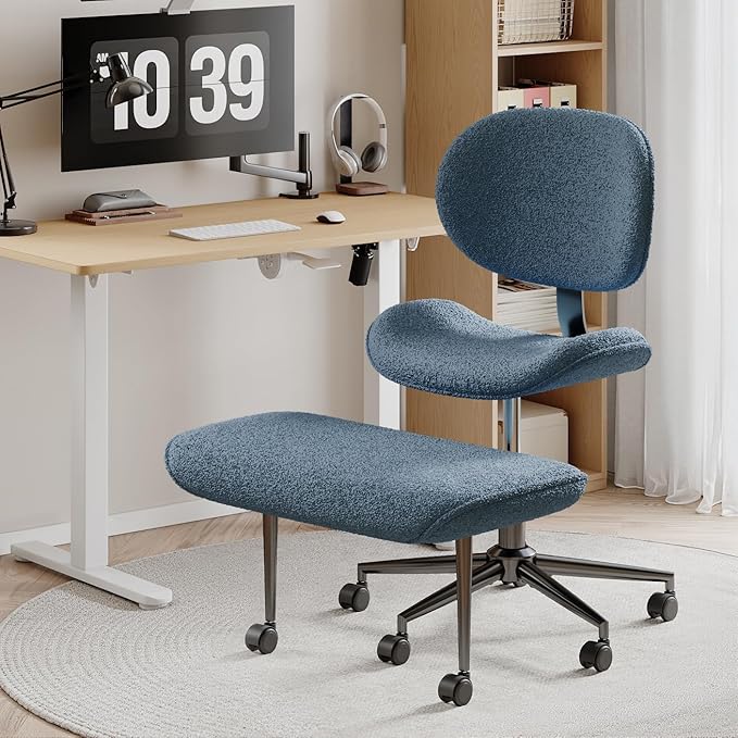 Cross Legged Office Chair with Wheels for ADHD, Ergonomic 360° Swivel Height-Adjustable Meditation Chair for Yoga, Wide Kneeling Chair with Strong Lumbar Support, Teddy Fabric, Blue