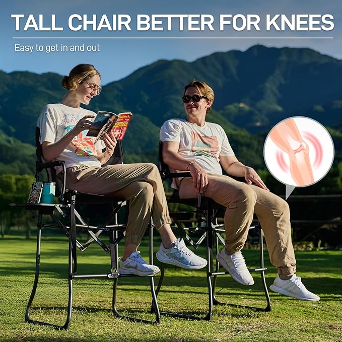 EVER ADVANCED Tall Textilene Camping Chair Mesh Directors Chair High Foldable Bar Stool with Side Table for Makeup Artist, Sports Event, Craft Show, Supports 350LBS Black
