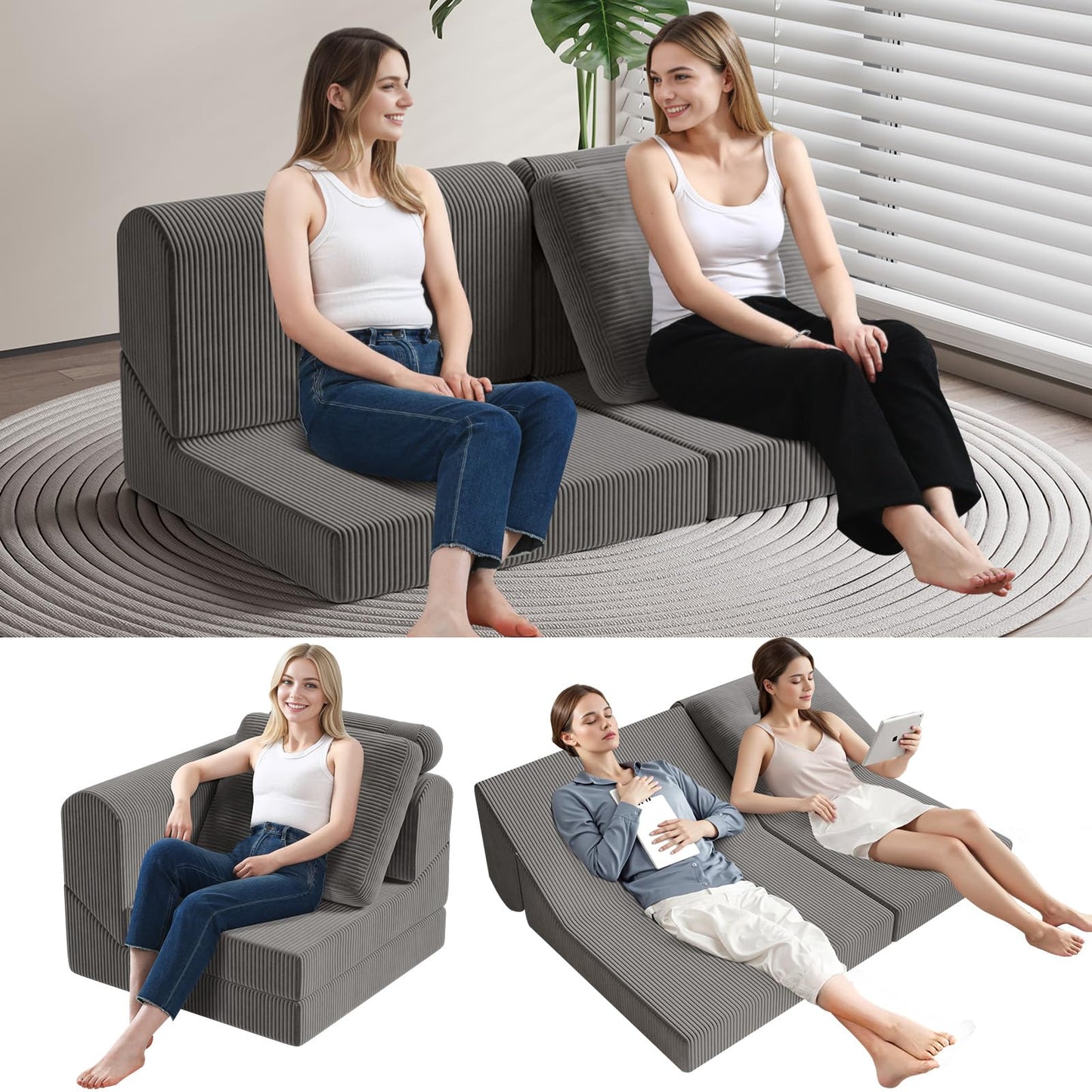 COMAX Folding Sofa Bed, 8-in-1 Foldable Floor Couch Corduroy Convertible Futon Sofa, Fold Out Chair Bed Sleeper Mattress Comfy Portable Lounge Loveseat Guest for Living Room Bedroom, Dark Grey