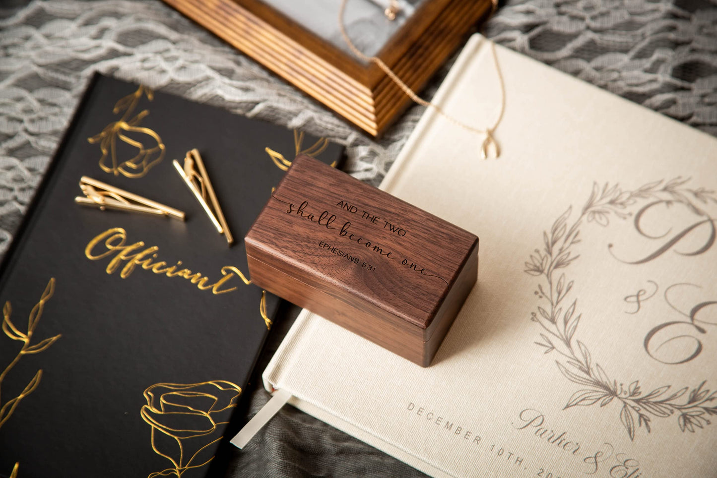 MUUJEE Engraved Ring Box (Two Become One) - Wedding Ring Bearer Box for 2 to 4 Rings Engagement Proposal Promise Ring Storage