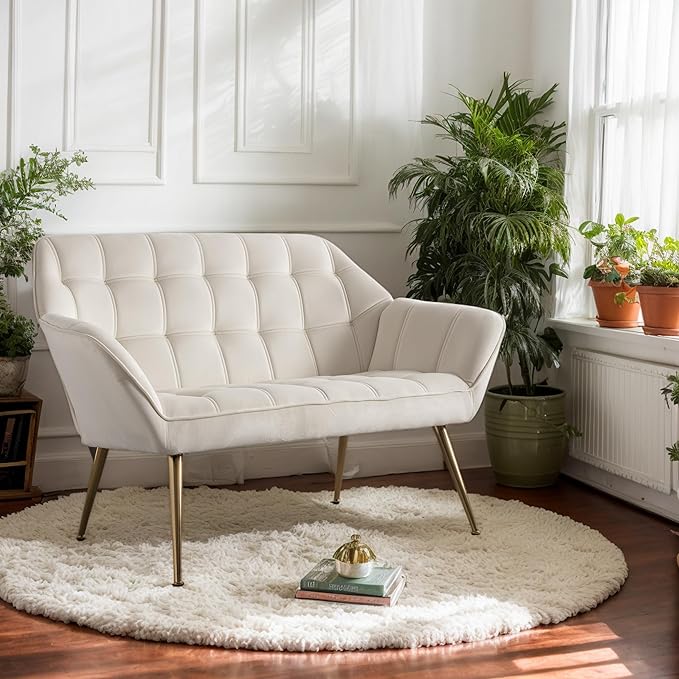 Hyfirm Small Loveseat Sofa, 48 inch Velvet Love Seat for Living Room Comfy Mini Couch with Gold Legs for Small Spaces Bedroom Apartment Office, Cream