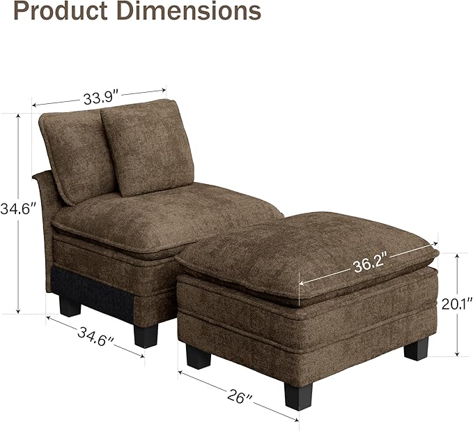 PHI VILLA Indoor Lounge Sofa Chair, One-Person Oversized Sectional Sofa with Ottoman, Single Chaise with Upholstered Deep Seat for Bedroom Reading, Chenille Fabric, Taupe