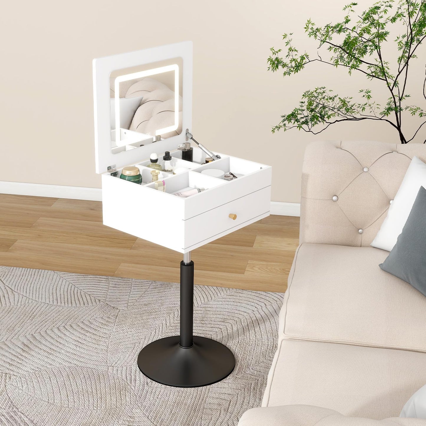 ARTETHYS Small Vanity Desk with Adjustable Height Rotating 3 in 1 Flip Top Makeup Vanity with Mirror and Lights Mini Corner White Dressing Table for Bedroom