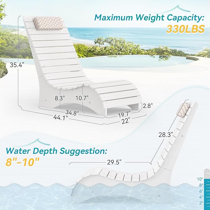 Homenjoy HDPS Pool Lounge Chairs Set of 2, Use in Pools Lounge Chairs up to 10-Inches of Water, Chaise Chairs with Headrest, Lounge Chair Outdoor, Fade-Resistant Pool Lounger for Deck