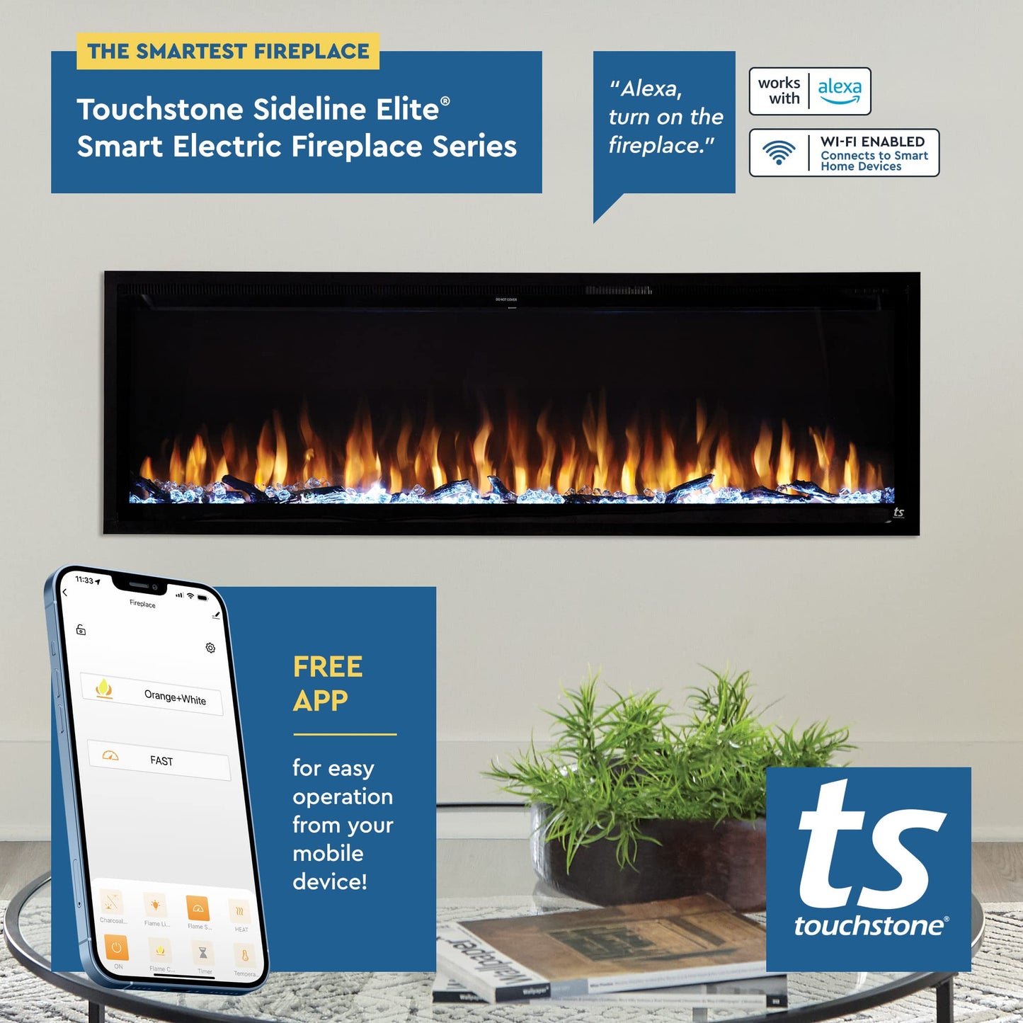 Touchstone Sideline Elite Smart Electric Fireplace - Alexa/WiFi Enabled- 42" Wide - in Wall Recessed - 60 Color Combinations - 1,500W Heater - Black - Log, Crystals, and Driftwood