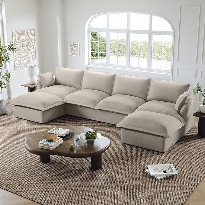 Lopzeho 146” Oversized Modular Sectional Sofa, Comfy Down Fill Cloud Couch with Detachable Cover, U Shaped Sectional Couches for Living Room, 4 Seater Modular Couch with 2 Ottomans, Light Gray
