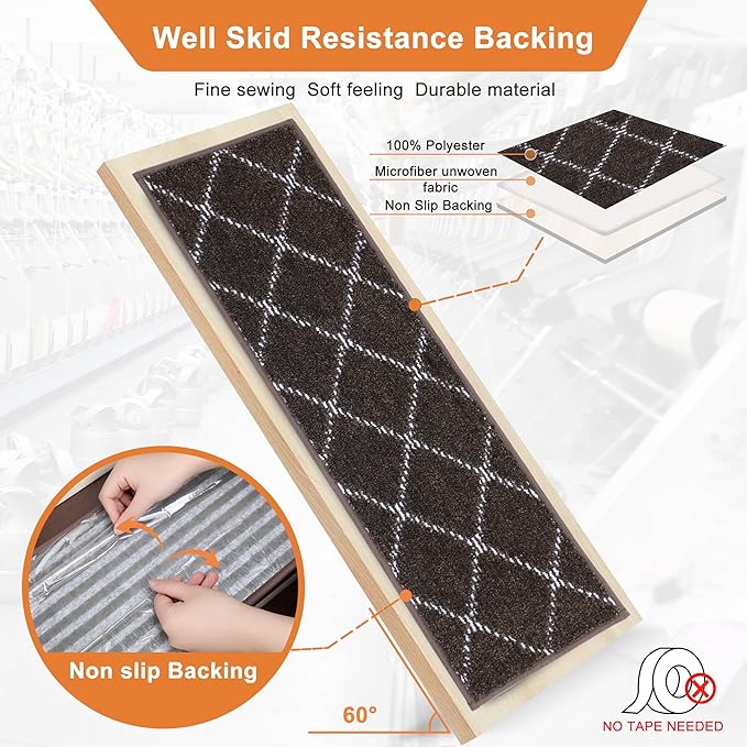 BEQHAUSE Non Slip Stair Treads - Machine Washable, Soft Stair Carpet Treads for Wooden Steps, 28inX9in, 15PCS, Brown