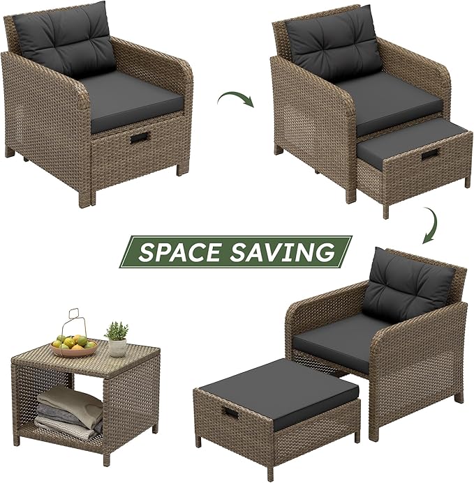LHBcraft 5 Piece Patio Conversation Set Outdoor Patio Chairs with Ottomans Balcony Furniture with Soft Cushions & Coffee Table for Poolside Garden Balcony (Black Cushion +Yellow Rattan)