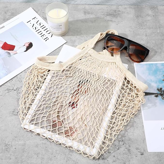 10 Pieces Reusable Mesh Grocery Bags Portable Cotton Produce Containers Washable Net Mesh Reusable Tote Bag with Handle String Shopping Organizer for Fruit Vegetable Shopping Storage Market