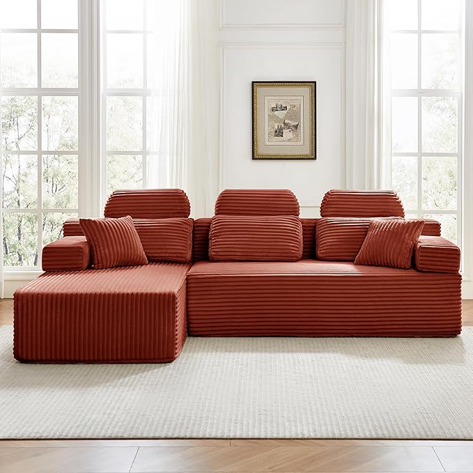 104" L-Shaped Cloud Modular Sectional Sofa with Chaise & Headrest, Boneless Deep Seat Plush Corduroy Couches for Large Living Room, No Assembly Required (Orange, 104" L-shapred Chaise)