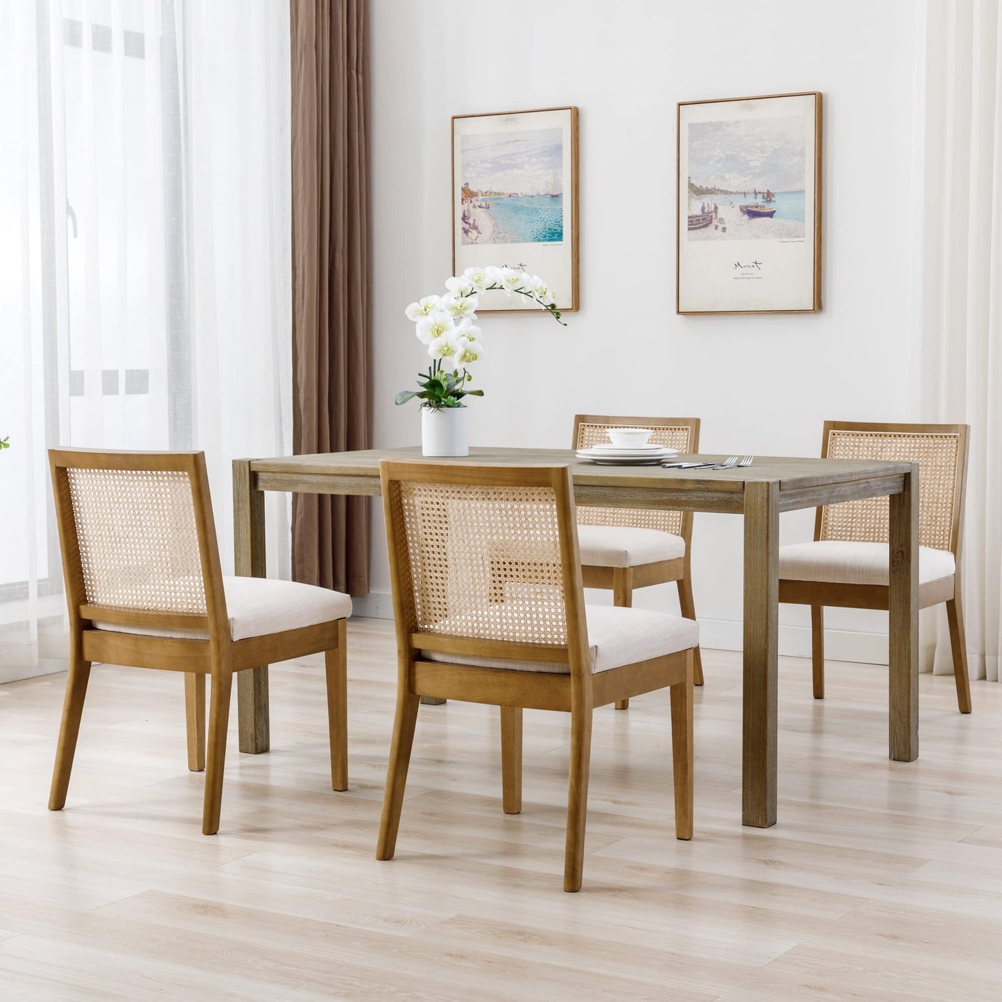 BESTANO Rattan Dining Chairs Set of 4 Natural Wooden Dining Room Chairs Rectangle Cane Country Kitchen Chairs Linen Upholstered Dining Chairs, Cream
