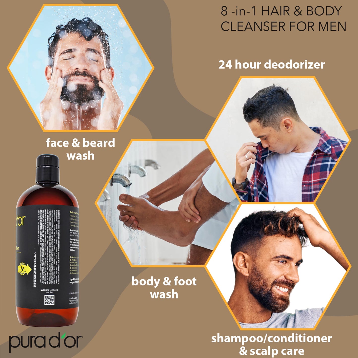PURA D'OR 24 Oz 8-in-1 Hair & Body Cleanser For Men - Sulfate-Free, Multi-Use Wash for Hair, Face, Beard & Body, with Organic Al