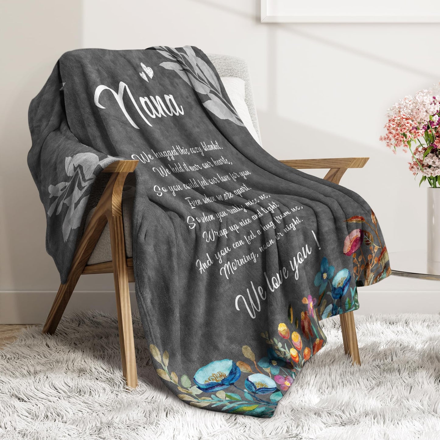 Afterprints Nana Gifts, Nana Blanket with Flowers & Letter Print, Nana Birthday Gifts, Gifts for Nana from Grandkids on Grandparents Day, Soft Throw Blankets 50" x 60"