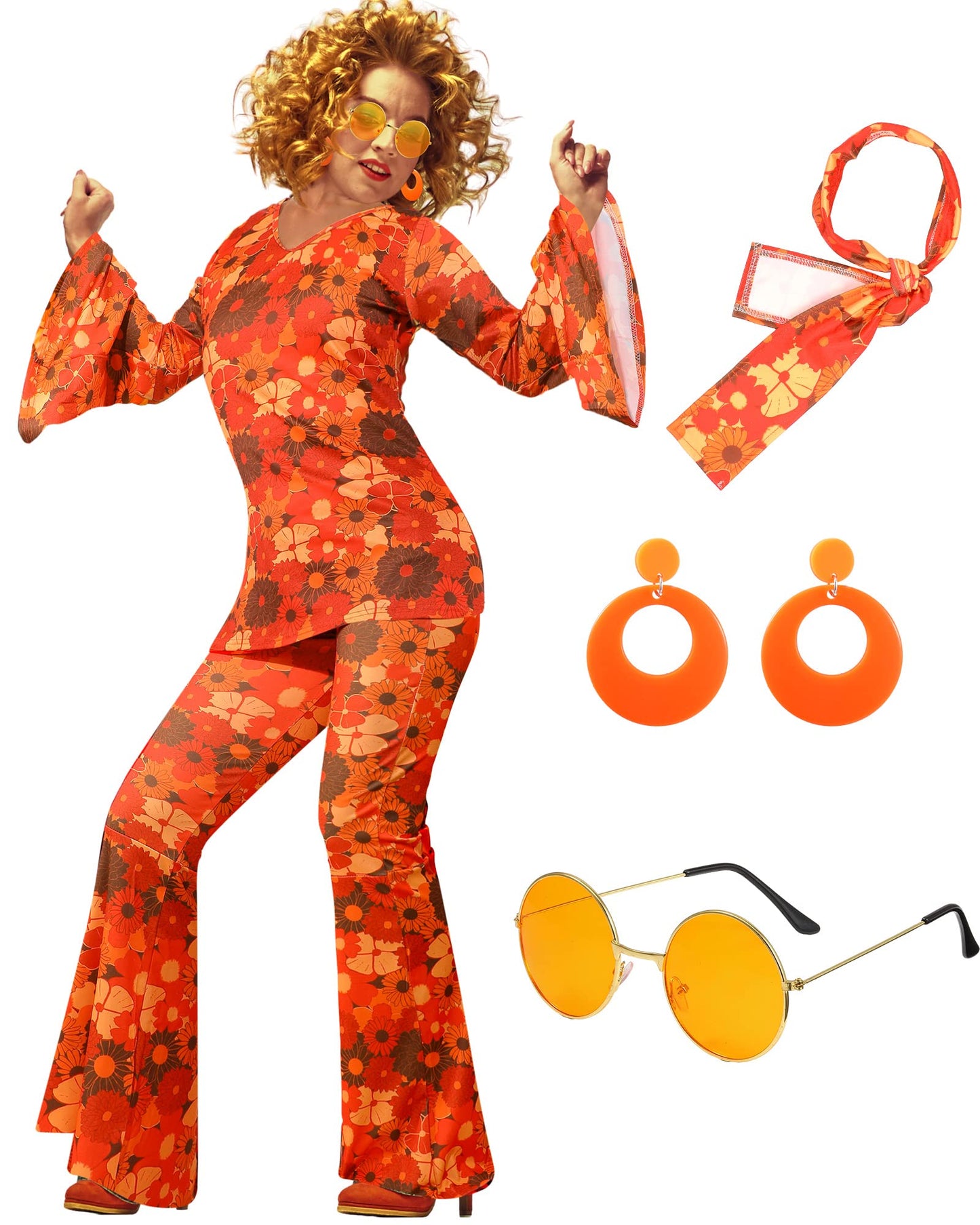 Leumoi 6 Pcs 60s 70s Disco Outfit Women Hippie Costume Accessories Flared Pants Headband Earrings Sunglass(Floral, Small)