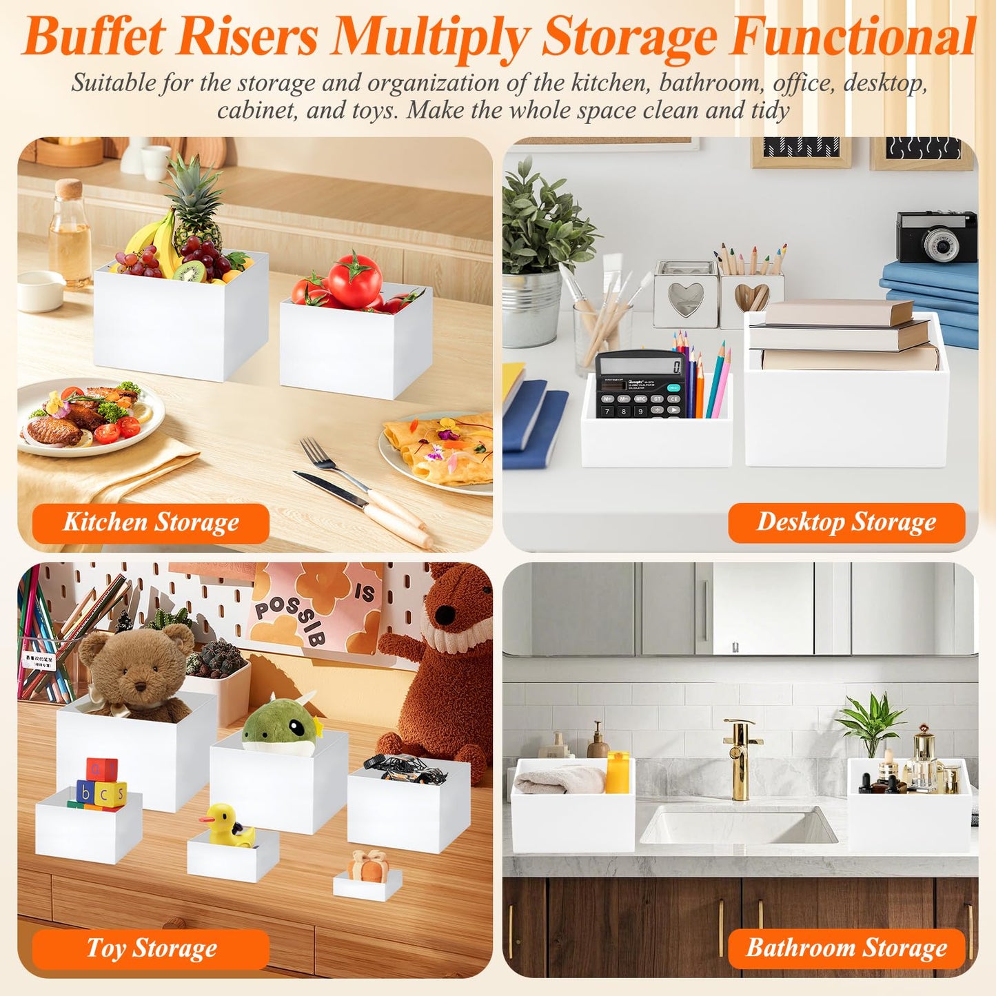 8 Pcs White Buffet Risers with Mini Table Sign, Serving Tongs, Acrylic Food Risers for Buffet Table Display Stand Shelf for Party Catering Dessert Jewelry Collectibles (Size 9" 8" 7" 6" 5" 5" 4" 4")