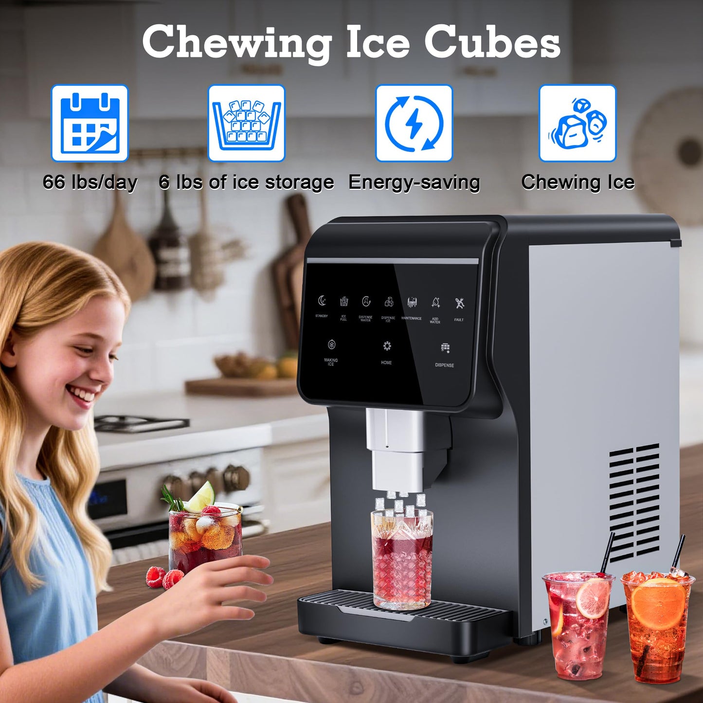 2-in-1 Nugget Ice Maker 66Lbs/24H Soft Chewable Ice, Built-in 6lbs Ice Storage,One-Button Operation Stainless Steels Nugget Ice Machine, Self-Cleaning Function for Office,Party, Home,RV
