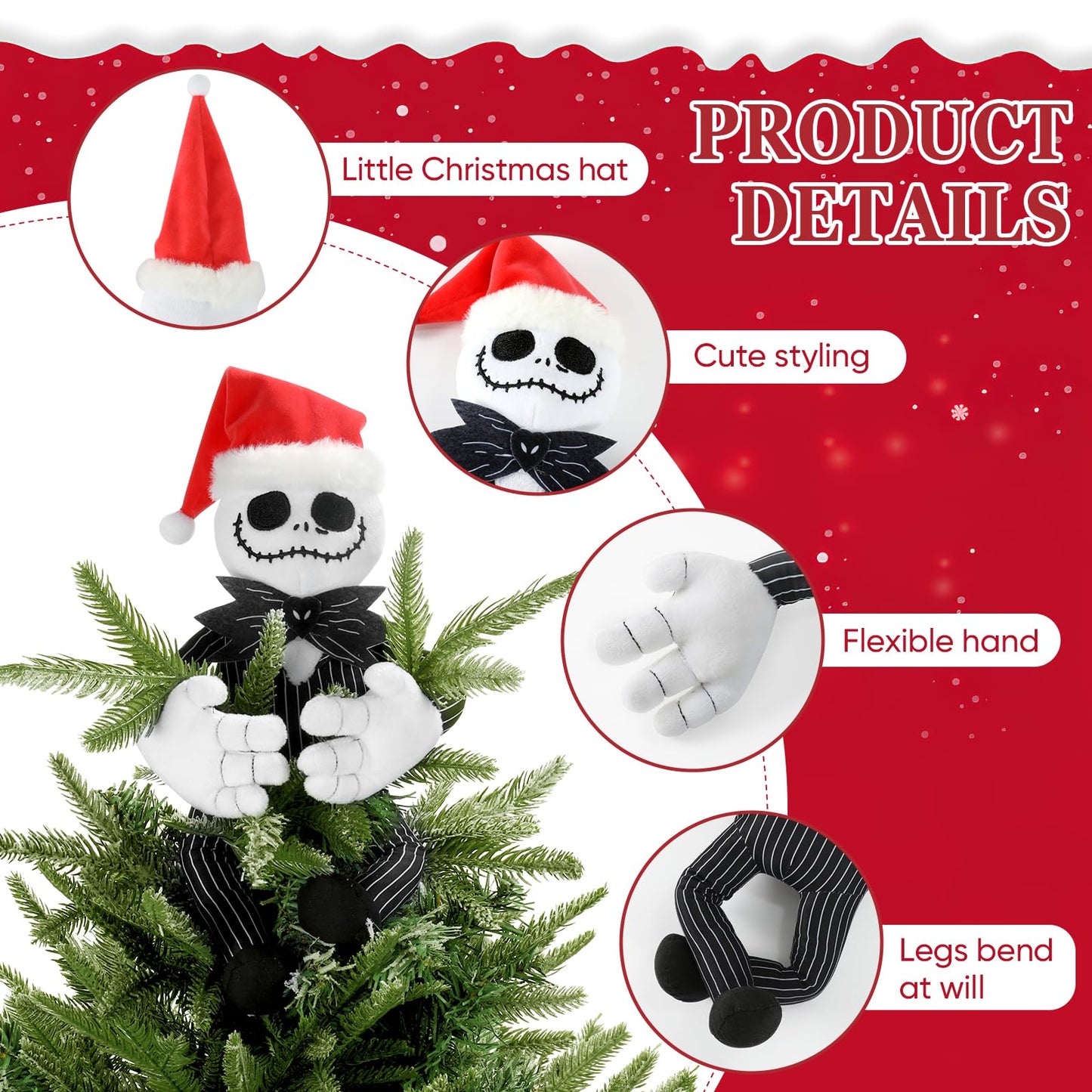 Tree Topper Decorations for Halloween and Christmas, Cute Plush Jack Huggers with Santa Hat, Poseable Handmade Tree Topper Party Decor