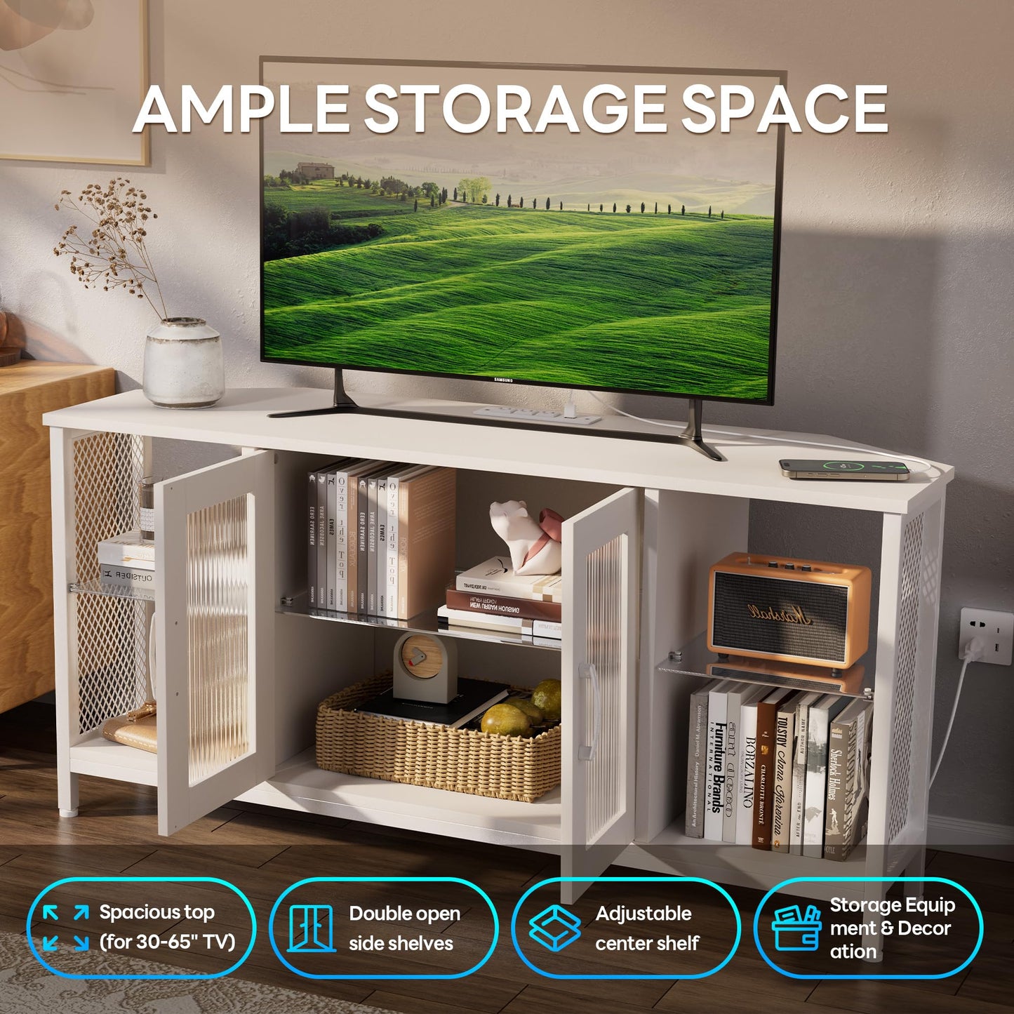 Uniheim TV Stand with Glass Storage Cabinets and Power Outlet, White TV Stand for 32/45/55 inch TVs, Entertainment Center with LED Light for Living Room, 46inch Small Tv Stand for Bedroom