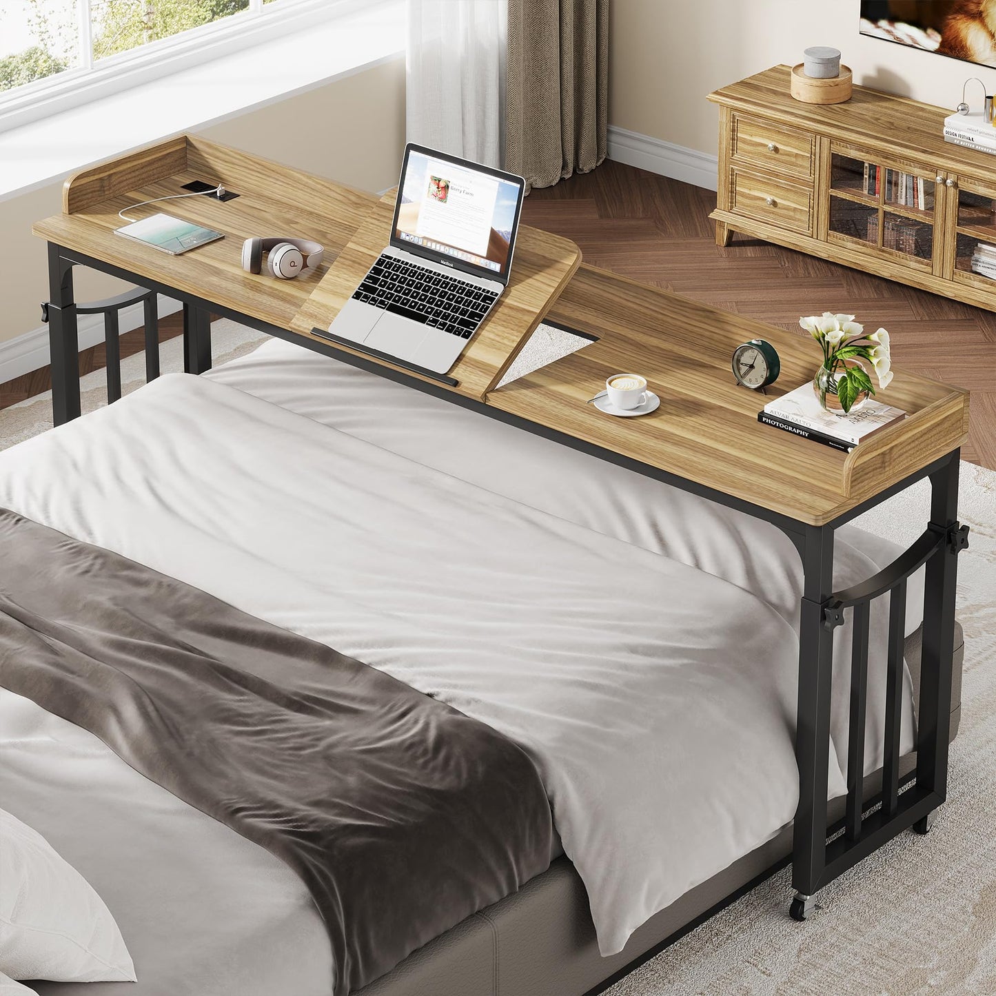 Condemo Overbed Table with Wheels and Height Adjustable, 71 inch Queen Size Bed Table with Adjustable Tilt Board, Mobile Laptop Cart Computer Desk with Outlets & USB Ports, Light Brown