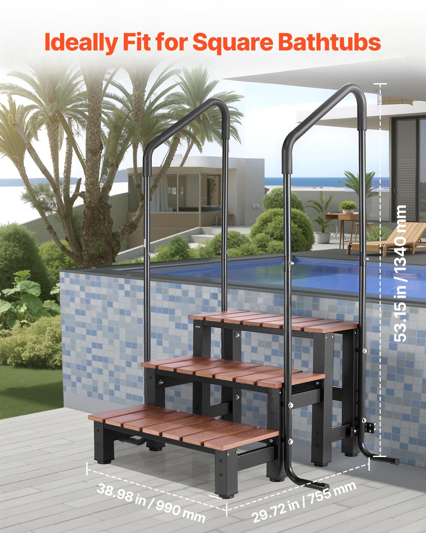VEVOR Hot Tub Steps with Handrail, 3-Step Spa Outdoor Stairs, Heavy Duty 25.2 inch Wide Above-Ground/Inflatable Pool Step with 550 lbs Weight Capacity, Multi-Use for Porch, Patio, Deck, Trailers