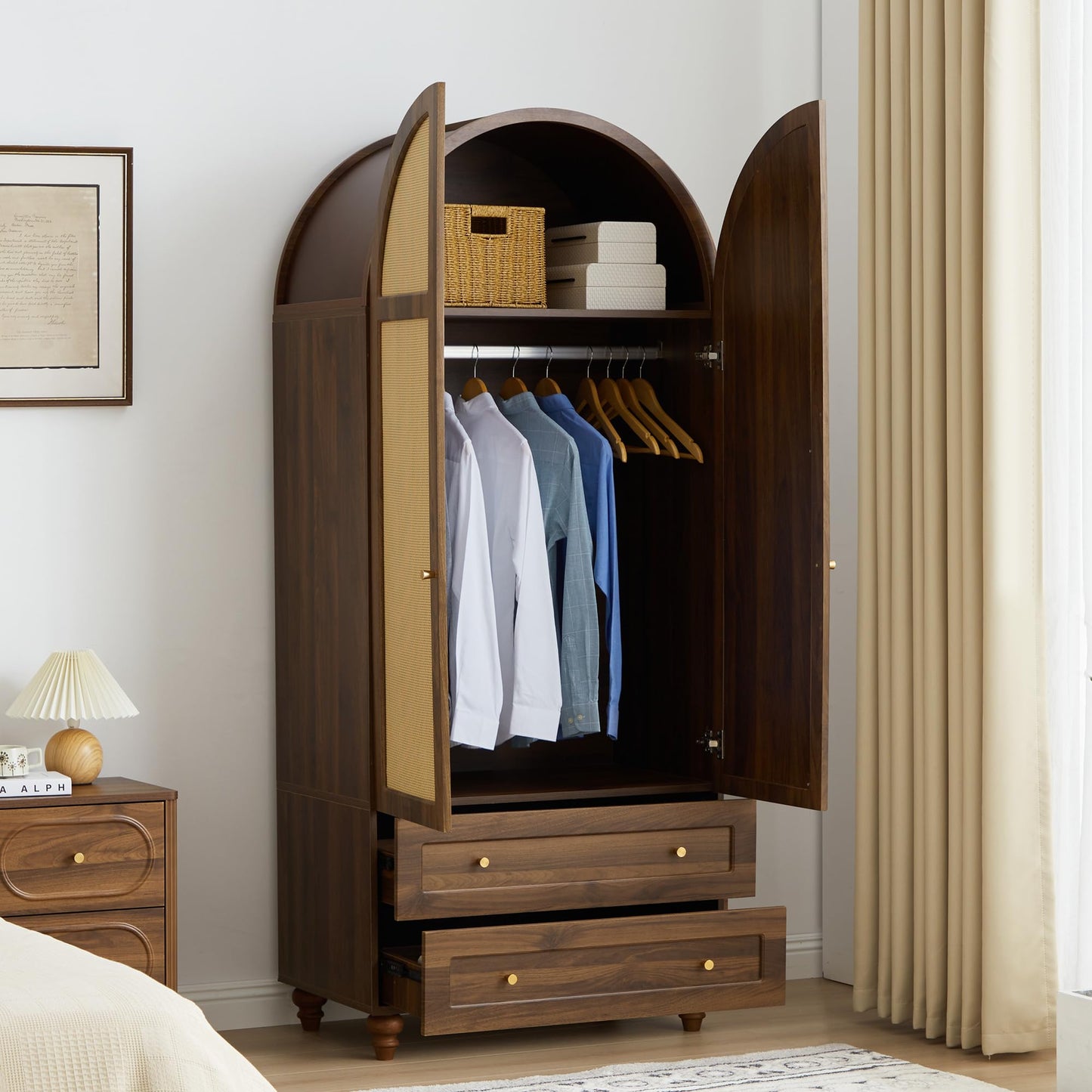 YUCHIATH Arched Armoire Wardrobe Closet with 2 Rattan Doors, Wooden Wardrobe Closet with 2 Drawers, 74.8 "H Bedroom Armoires with Hanging Rod (Walnut1)