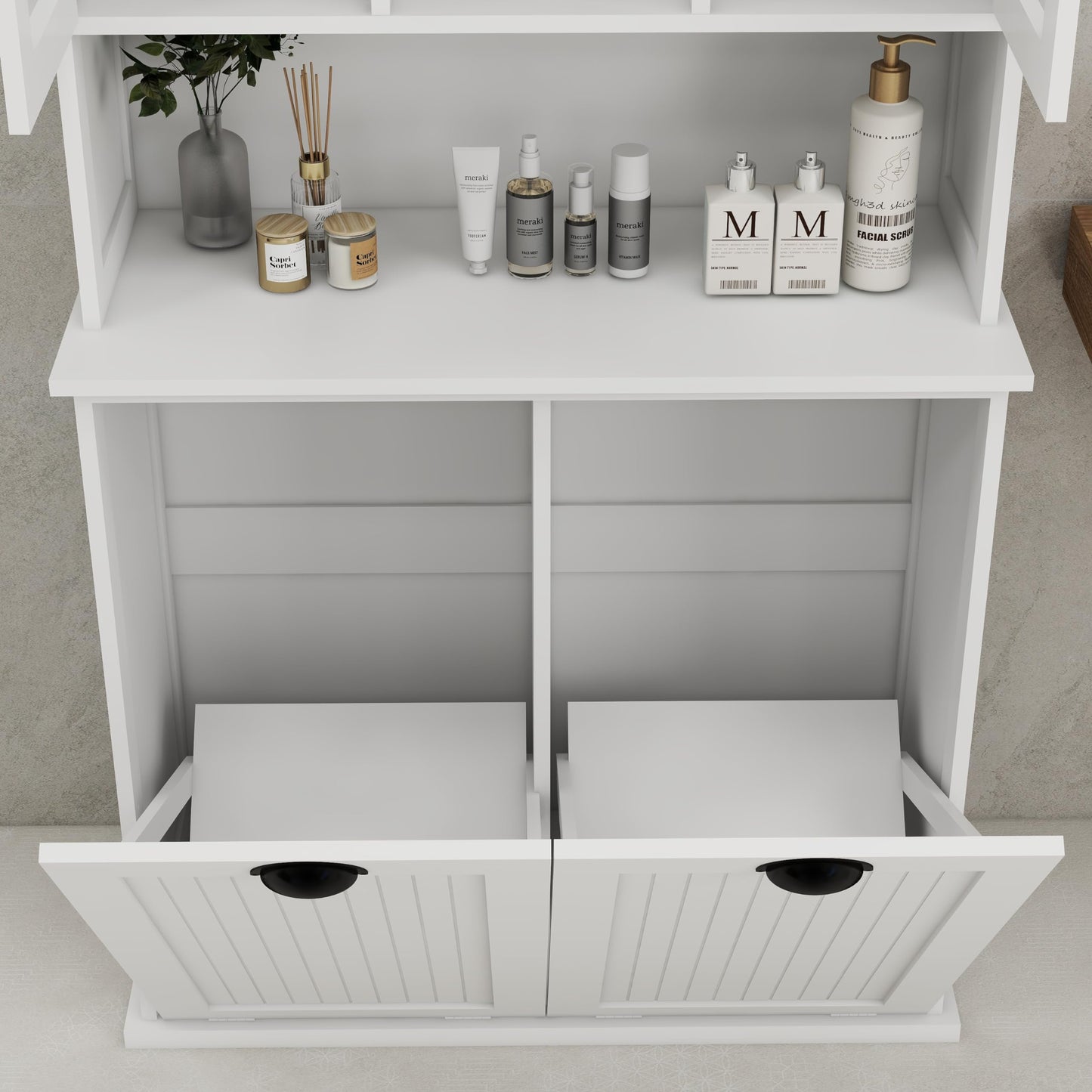Gecheer Two-Compartment Tilt-Out Dirty Laundry Basket Cabinet - Space-Saving and Functional Storage Cabinet Organizer, Storage Unit Shelves, for Bathroom Living Room Dining Kitchen YJXW1120S00001