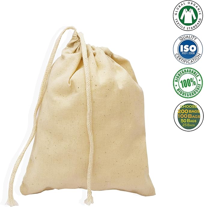 Natural Cotton Reusable Produce Muslin Bags – Multipurpose Drawstring Storage Pouch for Everyday Use (25, 3x4 Inches)
