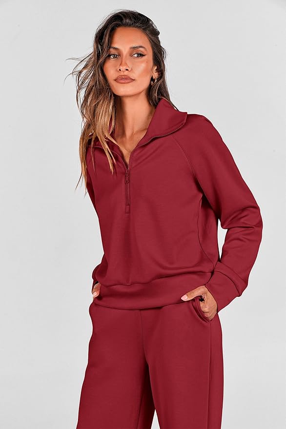 PRETTYGARDEN Women's 2 Piece Outfits Casual Lapel Half Zip Sweatshirts and Wide Leg Pants Tracksuit Sets