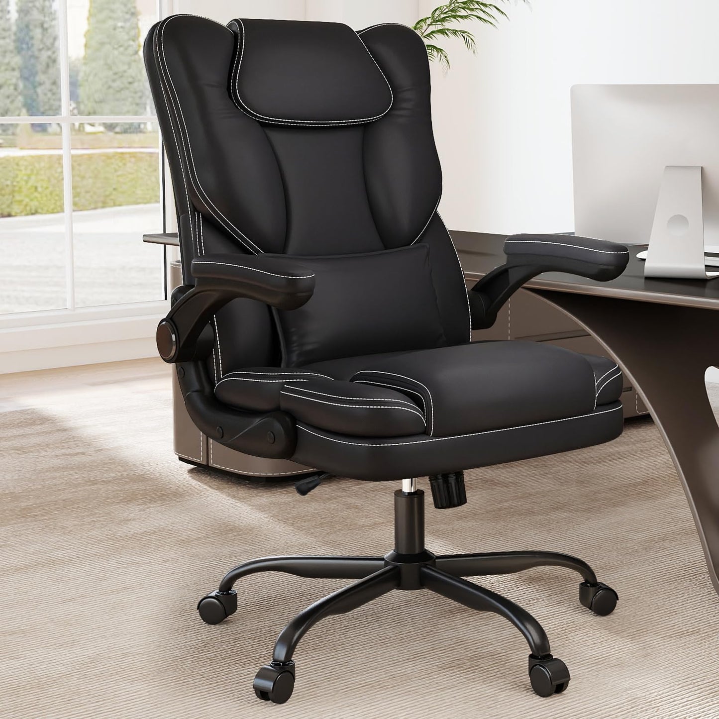 Ergonomic Office Chair with Flip-up Armrests, 300lbs Mid Back Computer Office Desk Chair with Lumbar Support, Executive Leather Chair with Rocking Function Adjustable Height for Home Office