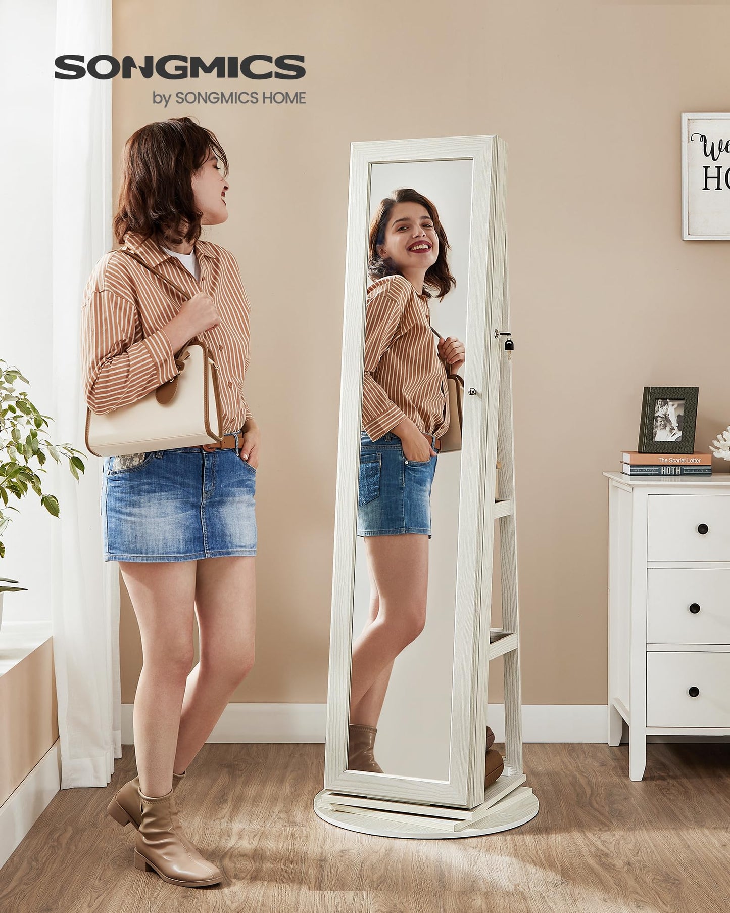 SONGMICS 360° Swivel Jewelry Cabinet, Lockable Jewelry Organizer with Full-Length Mirror, Rear Storage Shelves, Interior Mirror, Jewelry Armoire, Gift Idea, White with Gray Wood Grain UJJC006W01