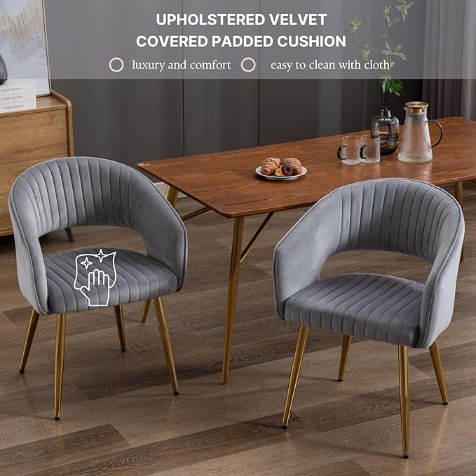 COMULER Grey Velvet Dining Chairs Gold Legs, Modern Dining Room Chairs with Arms Set of 2 Upholstered Accent Chair Armchair with Barrel Back for Kitchen Living Room