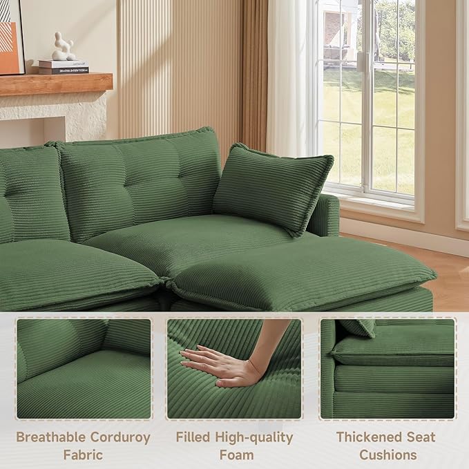 Amsleekey Modular Sectional Sofa, 76.5" L-Shaped Corduroy Comfy Sectional Couches for Living Room, 2-Seater Cloud Couches with 1 Movable Ottoman, Flexible Combination Modern Deep Seat Sofa (Green)