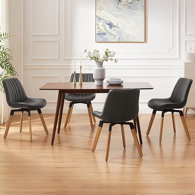 Art Leon Dining Chairs Set of 4, Mid Century Modern Swivel Kitchen Dining Room Chairs, Upholstered Faux Leather Armless Side Chairs with Wood Legs for Living Room Bedroom, Dark Gray