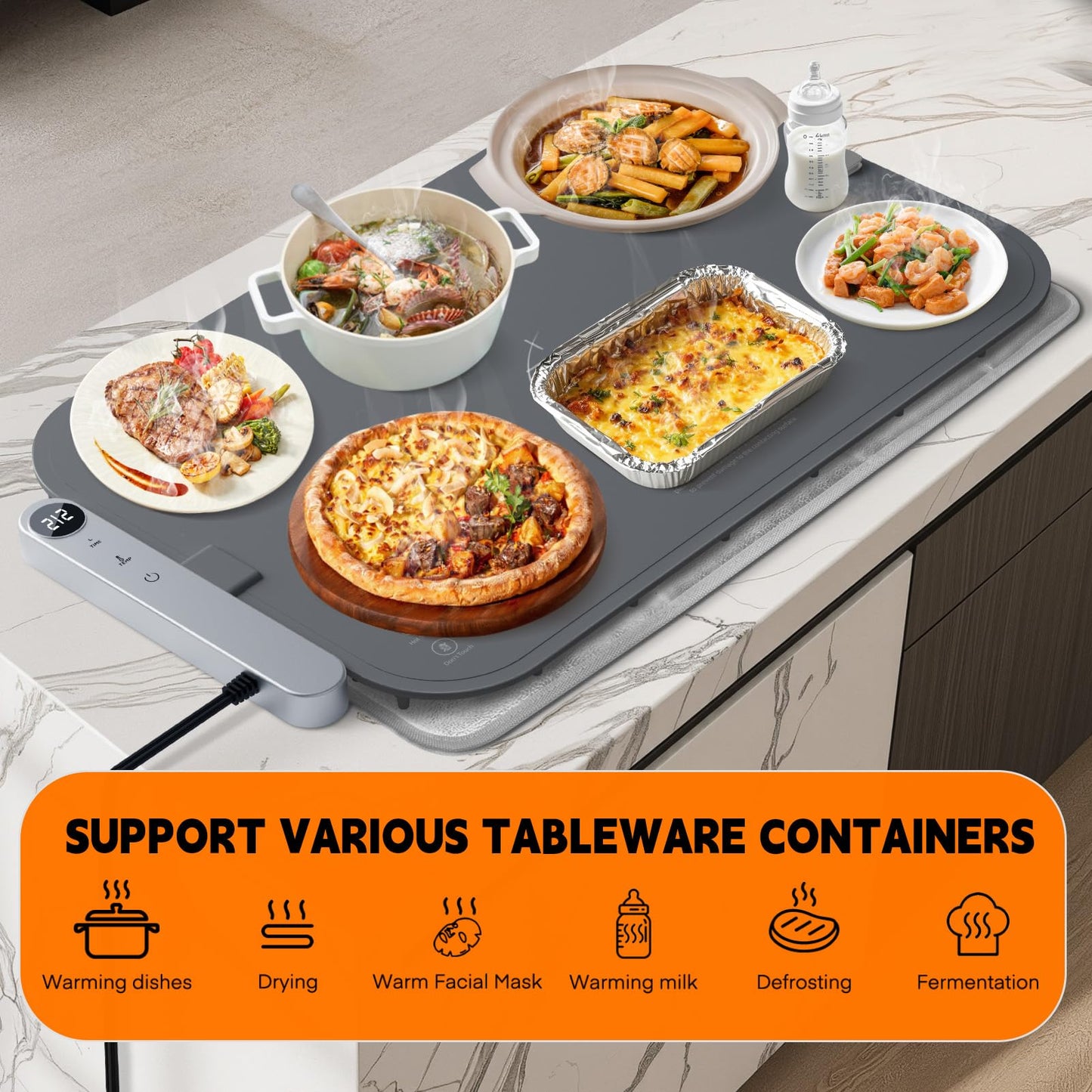 Homelove Warming Mat for Food - Electric Warming Tray with 6-Level Temperature and Hours Setting, Full Surface Graphene Heating, Waterproof Dishwasher-Friendly Food Warmer for Parties, Kitchen (Gray)