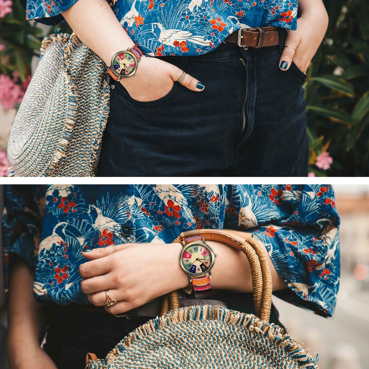 AstraMinds Ladies Wrist Watches for Women - Boho Hippie Large Surface Watches, PU Leather Woven Rainbow Watch Mother‘s Day Gift for Women Adults Mother (Warm Red)