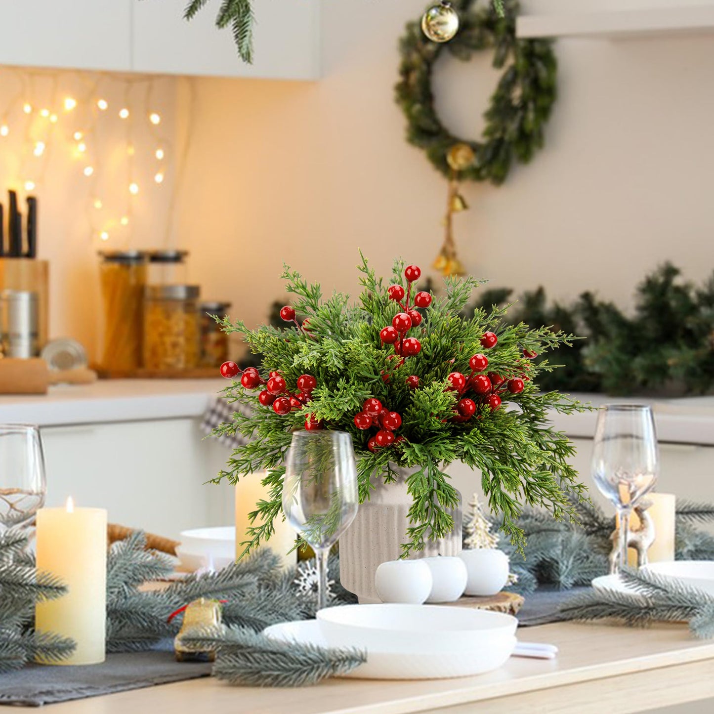 Watayo 45 Pcs Christmas Artificial Pine Branches with Red Berry Stems, 10.5" Faux Evergreen Norfolk Pine Cypress Leaves Stems, Fake Foliage Pine Needles Picks for DIY Craft Garland Home Decor