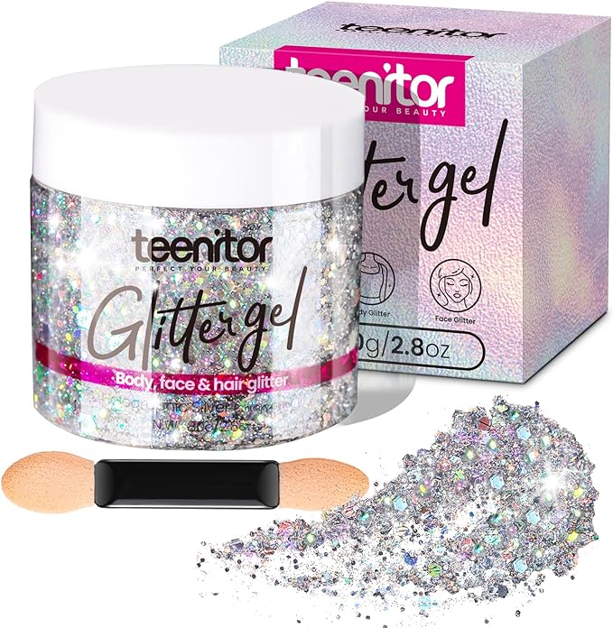 Teenitor Body Glitter, Body Glitter Gel, Hair Glitter, Face Glitter, Holographic Chunky Makeup Silver Glitter Gel for Fac...