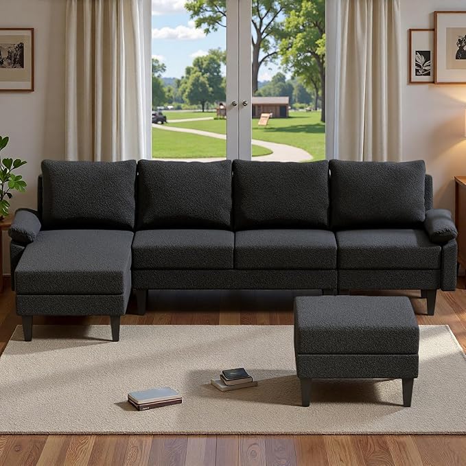 Topcomfy U-Shaped Sectional Couches for Living Room, Convertible 4 Seat Modular Sectional Sofa Set with Ottoman, Modern L Shaped Couch with Chaise for Bedroom Apartment and Office, Chenille Black Gray