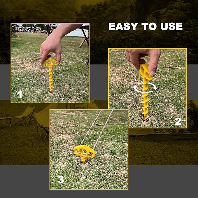 COBARYEN Tent Stakes Ground Anchors Screw in, 16 Pack Sand Stakes for Beach 9.4 Inch Heavy Duty Spiral Tent Pegs for Camping, Party, Hiking, Outdoor Decoration (16, Yellow)