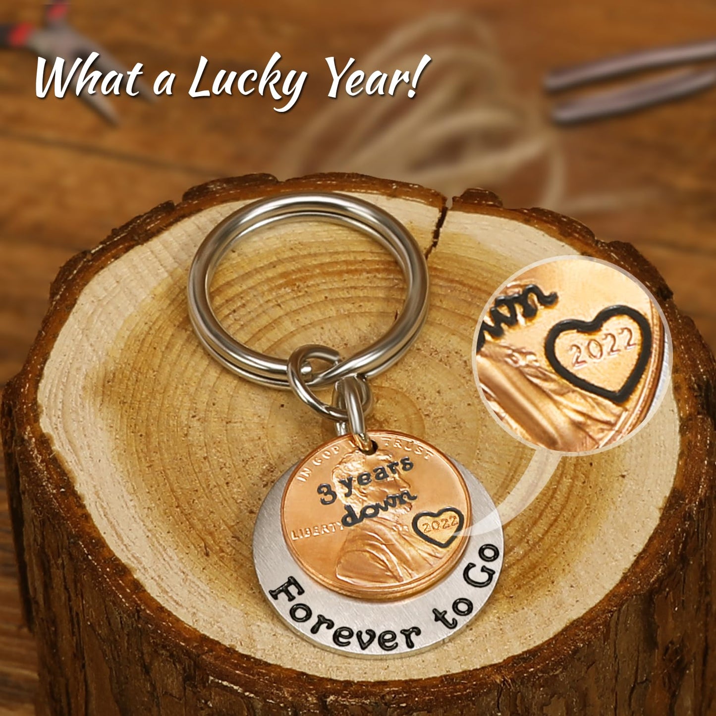 HRMYUDI 3 Years Anniversary Copper Gift for Man Woman, Coin Keychain with a 2022 Penny, 3 Years Down and Forever To Go Keyring, Third Anniversary Copper Gift for Him Her