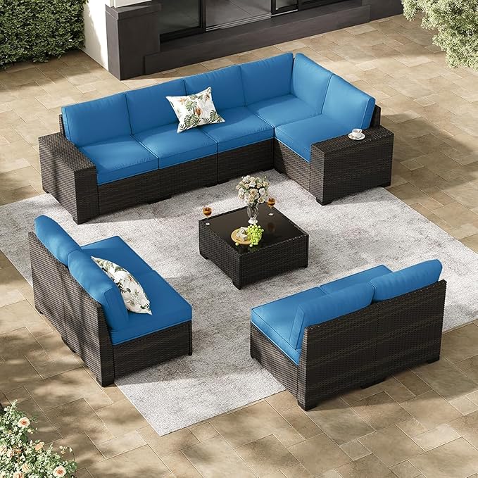 SunloungeCo Patio Furniture Set, 10 Pieces Outdoor Couch Sofa with Wider Armrests & Glass Coffee Table, Outdoor Sectional Furniture with Thick Cushions for Party, Poolside,Garden-Peacock
